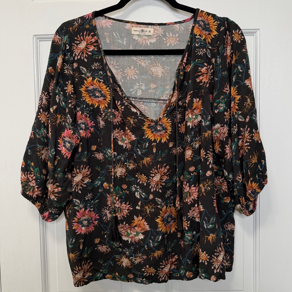 Maeve Floral V-Neck Blouse in Black and Multicolor